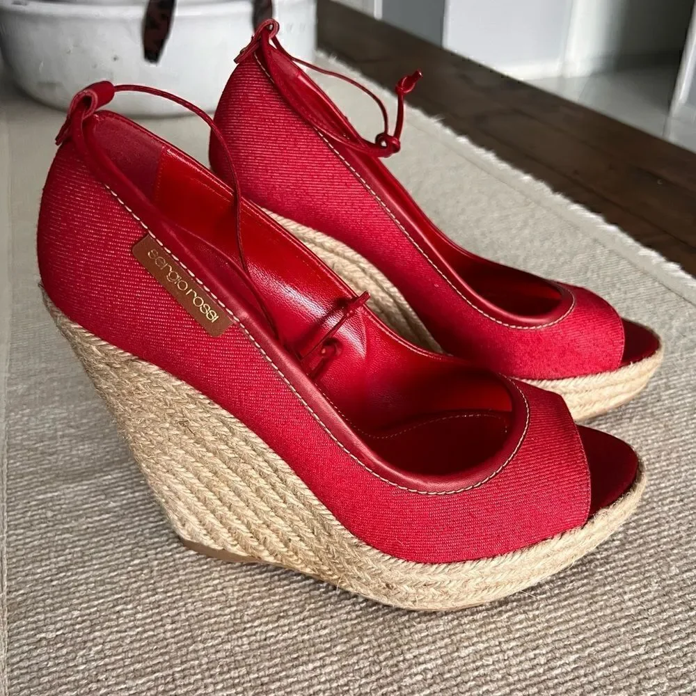 SERGIO ROSSI Red Fabric Espadrille Heels Size 39.